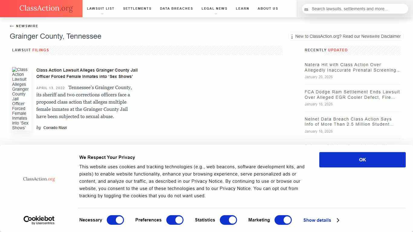 Grainger County, Tennessee The ClassAction.org Legal News Wire Breaking Class Action Lawsuit & Settlement News